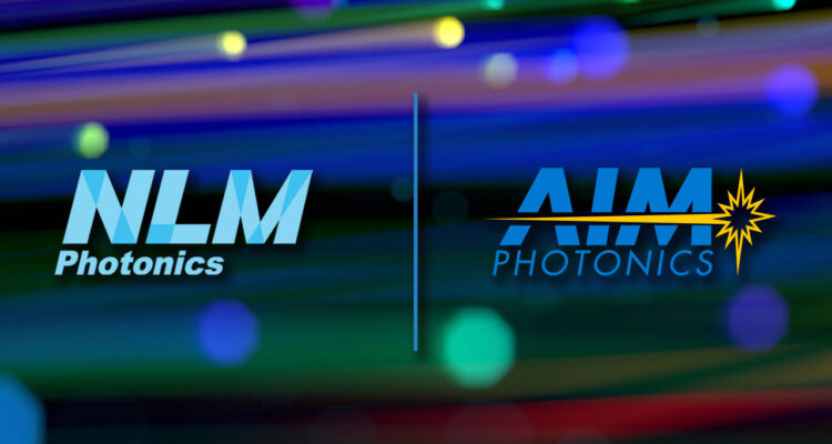 On left is NLM's blue logo, there's a divider in the middle, and on the right is AIM Photonics' blue logo with yellow starburst. The background is multi-colored lights from cables in a data center