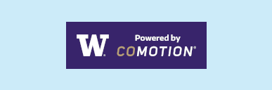 W (from University of Washington logo) Powered by CoMotion with a purple background